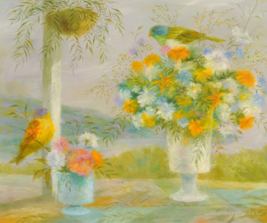 ROBERT J. LEE (1921- ) OIL ON CANVAS: Titled 'The Patio,' measures 20 x 24 inches in 29 x 33 inch frame.