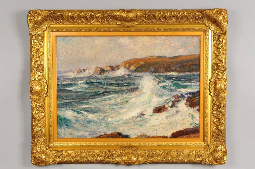 PAUL DOUGHERTY (1877 - 1947) OIL ON CANVAS: Signed low center and titled 'Manana Point' on a period label that remains on the frame itself from William Macbeth Gallery New York (1893 - 1952). The work itself measures 25 x 35 inches, and is disp