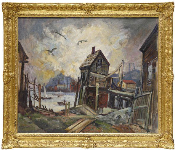 WILLIAM LESTER STEVENS (1888 - 1969) OIL ON CANVAS: An untitled Rockport Harbor Scene signed lower right, the work itself measures 25 x 30 inches and is displayed in a 31 x 35 inch frame.