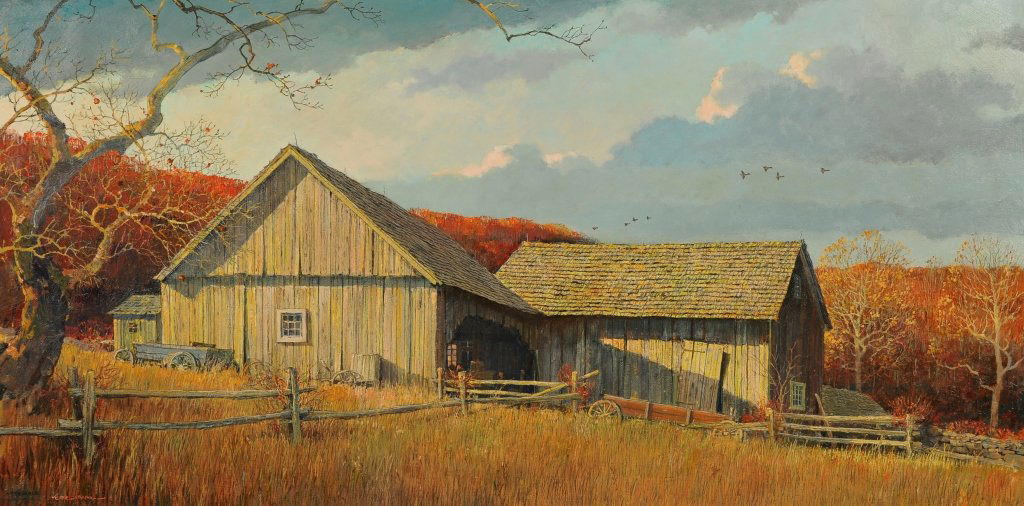 ERIC SLOANE (1905 - 1985) OIL ON PANEL CONNECTICUT: Signed lower left with annotation 'NOVEMBER.' On the reverse is a paper label from Abercrombie and Fitch, a second signature in artist's paint and a title of 'Cornwall Bridge Conn'. The work itself me