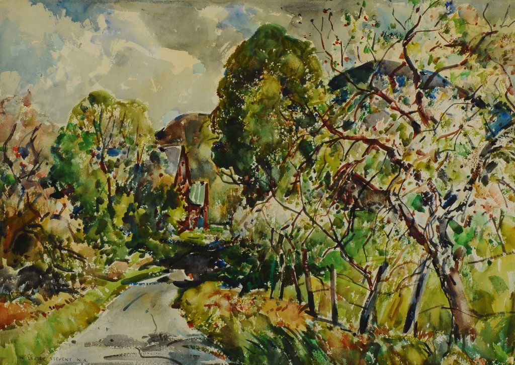 WILLIAM LESTER STEVENS (1888 - 1969) WATERCOLOR: Titled 'October Lane', signed lower left and annotated N.A. and A. W. S., measures 20 x 28 inches sight size through the mat and 29.5 x 37.5 inches overall.