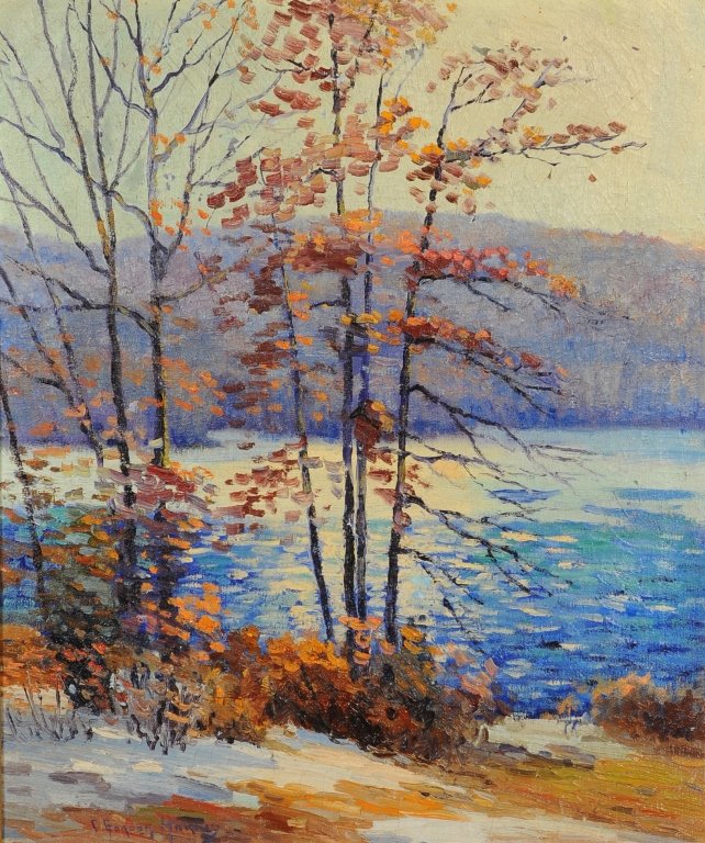 CHARLES GORDON HARRIS (1891-1963) OIL ON CANVAS: Titled 'Woodland Brook' on the label from The Marbella Gallery. Signed lower left, the work itself measures 24 x 20 inches, with an overall framed size of 33.5 x 29.5 inches.