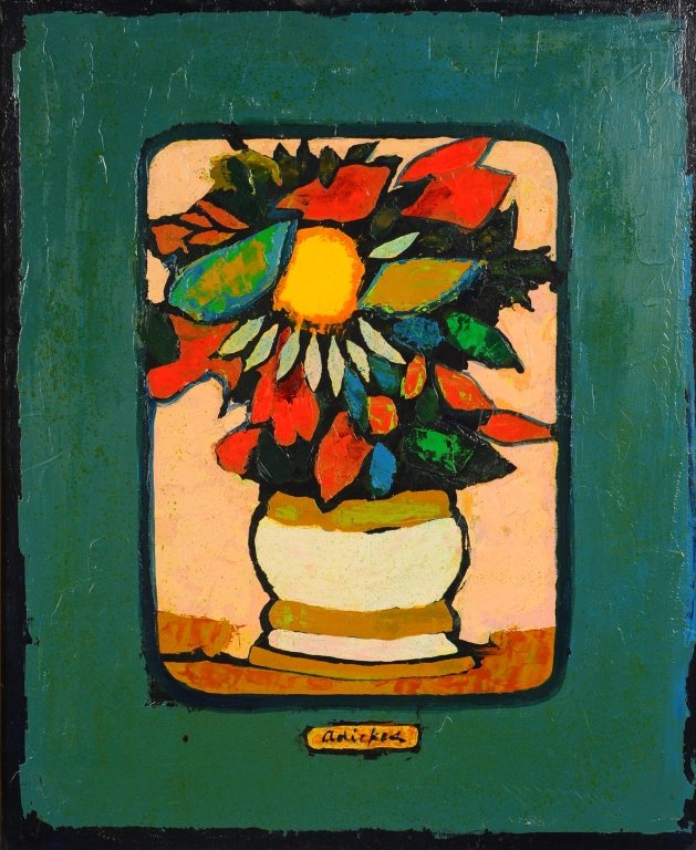 DAVID PRYOR ADICKES (1927- TEXAS) IMPASTO ON WOOD: Titled 'Green Bouquet' and signed lower center. Measures 26.75 x 22.25 inches overall.
