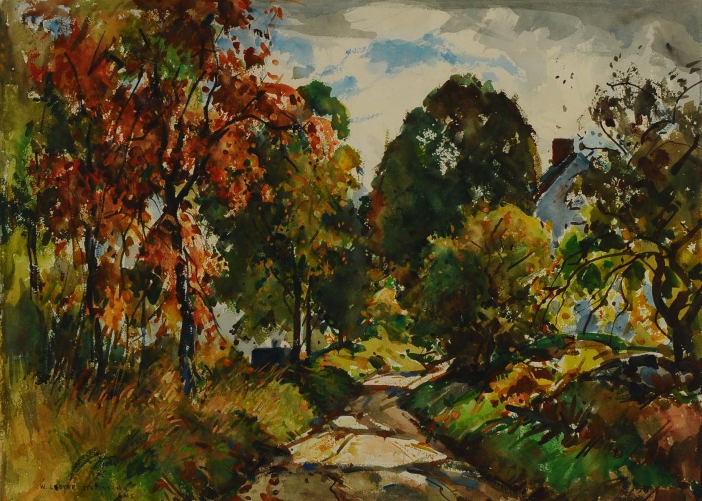 WILLIAM LESTER STEVENS (1888 - 1969) WATERCOLOR: Titled 'Fall Landscape', signed lower left and annotated N.A. and A. W. S. for National Academy member and American Watercolor Society, measures 20 x 28 inches sight size through the mat, and 29.5 x 3
