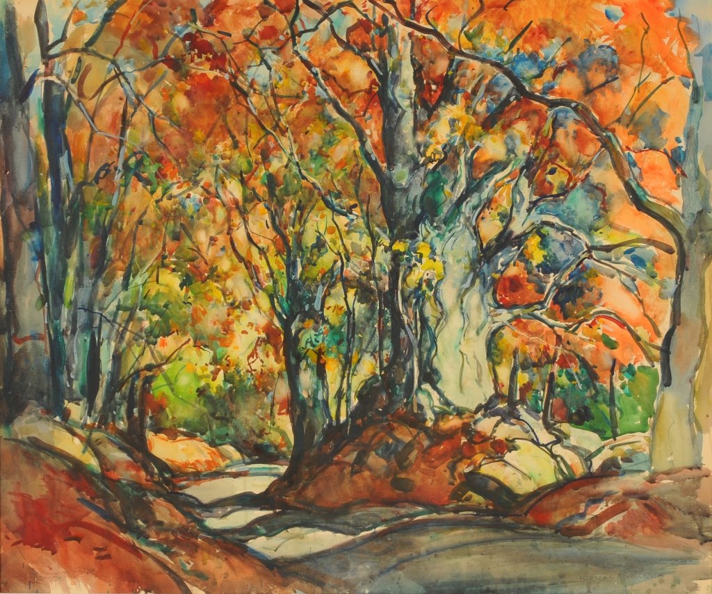 WILLIAM LESTER STEVENS (1888 - 1969) WATERCOLOR: Titled 'Autumn Road', signed lower right with annotation N.A. for National Academy member. Measures 29.5 x 35.5 inch sight size through the mat opening, and framed to 36 x 42 inches.