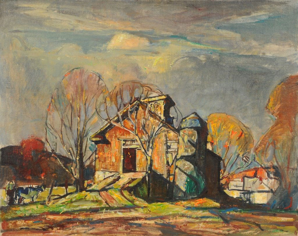 WILLIAM LESTER STEVENS (1888 - 1969) OIL ON CANVAS: Titled 'Cricket Hill Barn' on the reverse. Unsigned, measures 24 x 30 inches, and is displayed in a 31 x 37 inch frame.