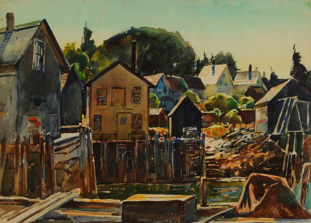 WILLIAM LESTER STEVENS (1888 - 1969) WATERCOLOR: Titled 'Vinalhaven Docks' (Maine), signed lower right with annotation N.A. for National Academy member. Measures 21 x 29 inches sight size through the mat opening and framed to 30 x 30 inches.
