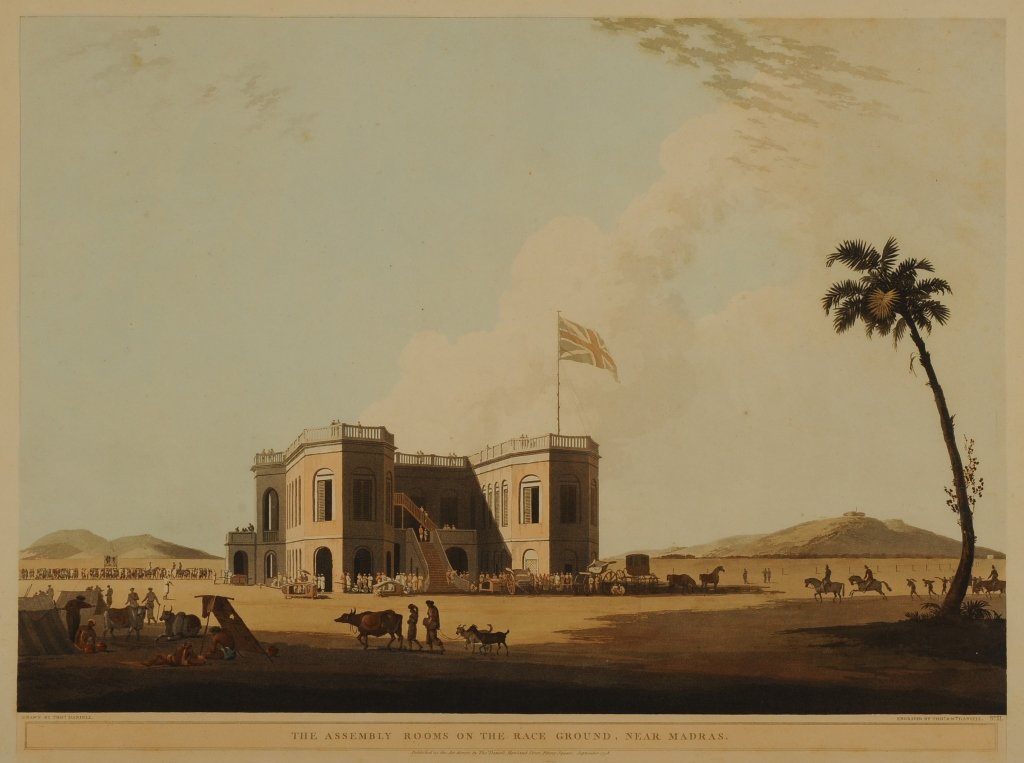 C. 1800 HAND COLORED AQUATINTS, BRITISH COLONIAL INDIA: Two hand colored aquatint engravings from the series 'Oriental Scenery: Twenty Four Views in Hindoostan,' engraved by Thomas and William Daniell, published 1798. Included here is 'The Assembly Rooms o