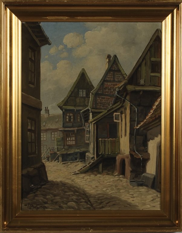 TWO VILLAGE LANDSCAPE OILS ON CANVAS: Oil on canvas signed 'Bruno' on the lower left, canvas measures 24 x 18 inches, frame measures 28 x 22.5 inches, very good. Oil on canvas signed 'Willmans' on the lower left, canvas measures 19 x 26.5
