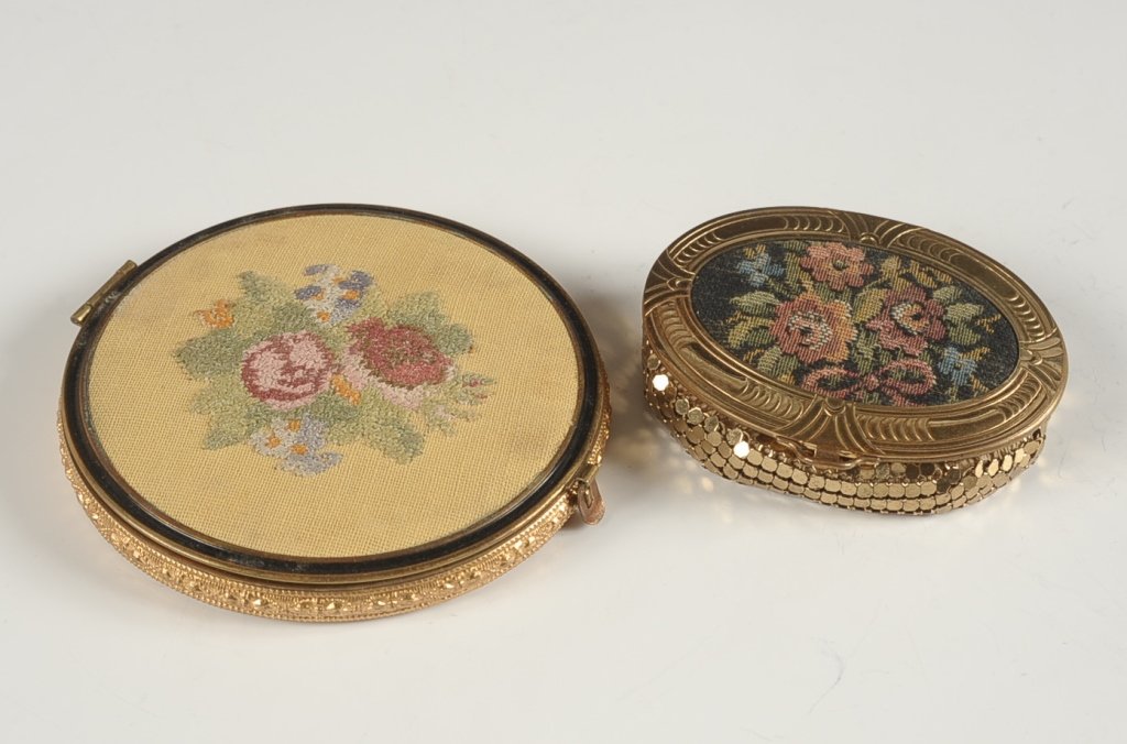 EVANS & REX PETIT POINT COMPACTS: Evans petit point compact with a armor mesh base, framed mirror in the lid, branded puff and sifter, measures 2.75 x 2.5 inches, very good. Plus a large Rex Fifth Ave. petit point compact, patent date