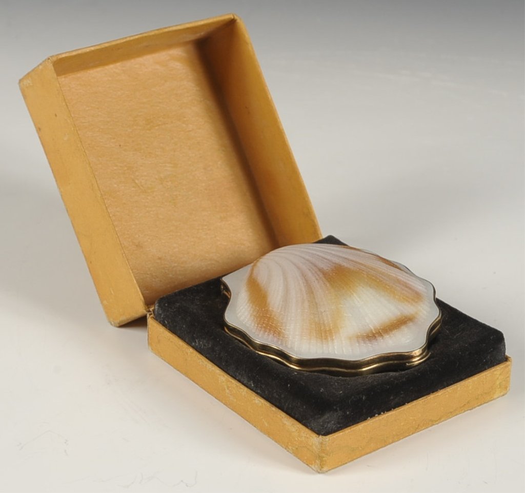 RUSSIAN STERLING SEASHELL COMPACT W PRESENTATION BOX: Gilded sterling compact with seashell forms, framed mirror in the lid, hinged powder well in the base with a sifter, no puff, marked on the inside, with a fitted presentation box, measures 3.5 x 3 inc