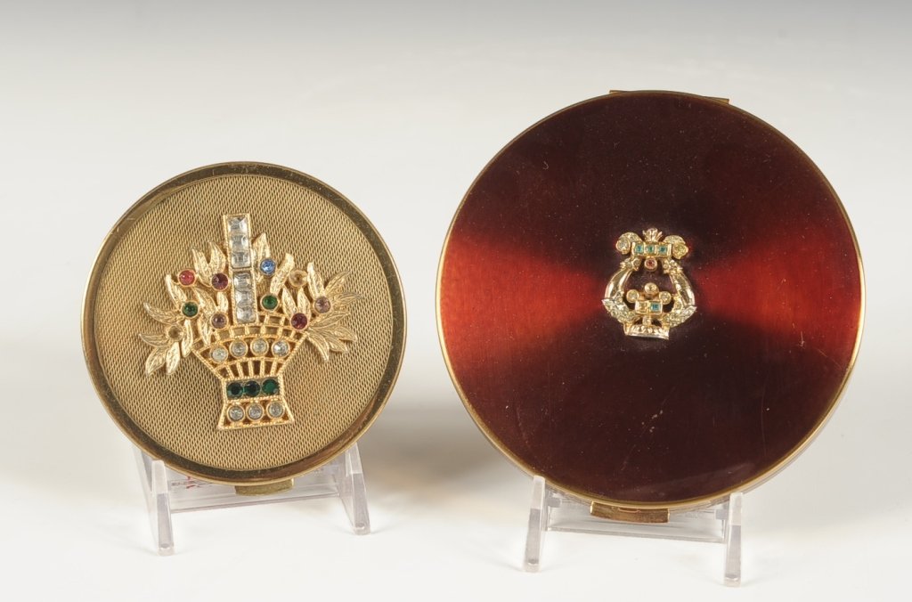 LARGE METALFIELD COMPACT W JEWELED LID & ANOTHER: Measure 3 and 4 inches.