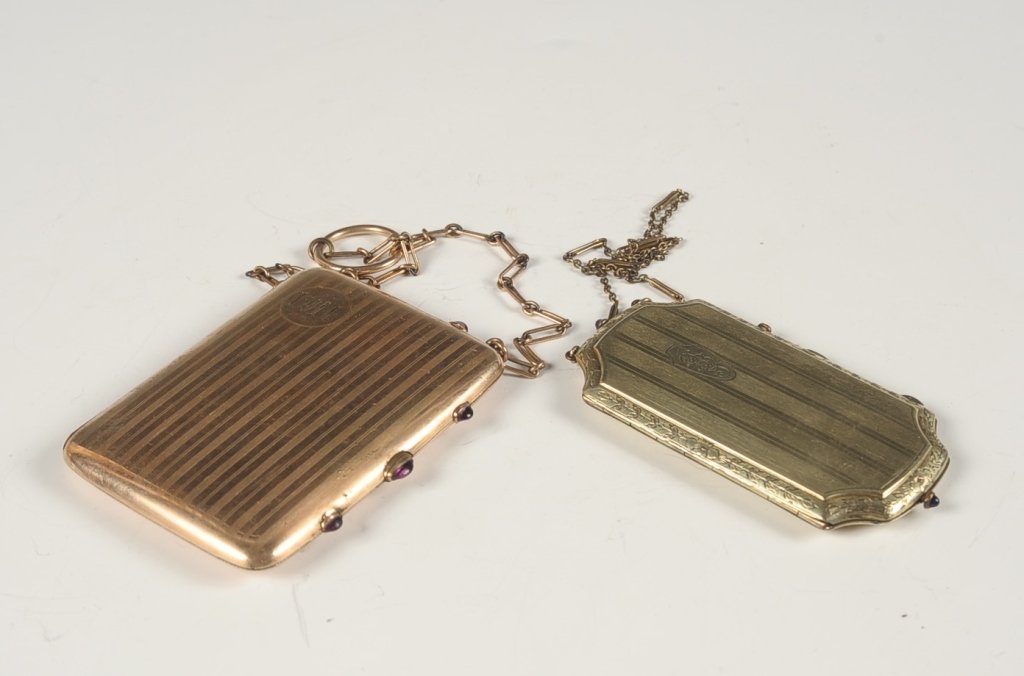 BLISS GOLD-FILLED COMPACT & W&H CO. MINIAUDIERE: Bliss 14kt gold-filled compact, monogrammed on top, chain handle, mirror in the lid, three hinged wells in the base, marked on a well lid, measures 3.5 x 1.75 inches, very good. Plus a W&H Co. miniaud
