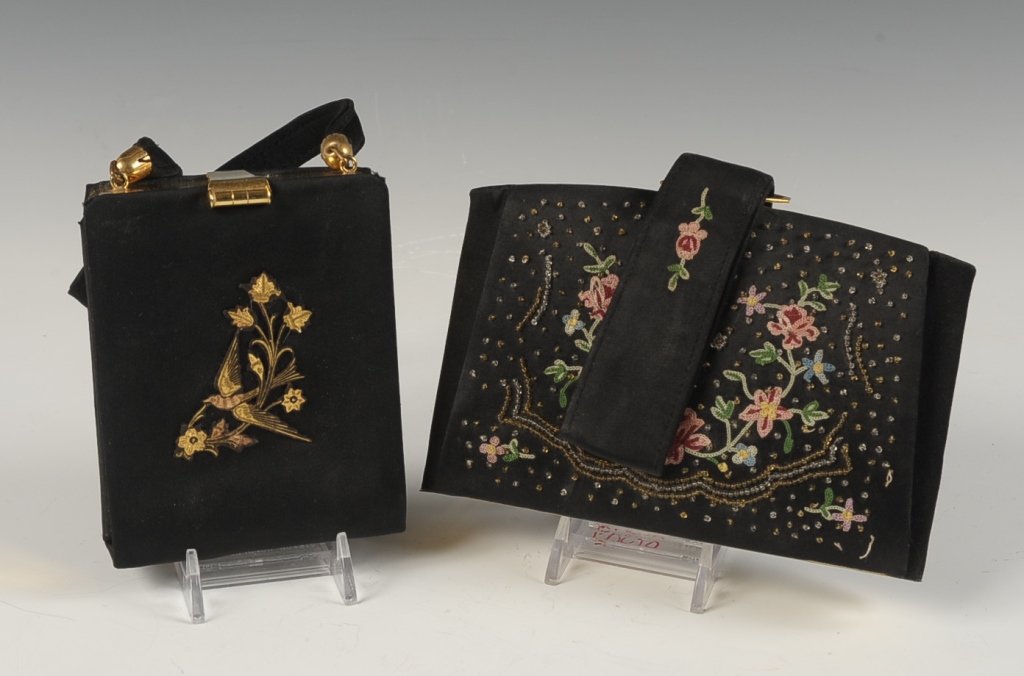 FRENCH BEADED VANITY CASE & A SATIN VANITY CASE: Black satin embroidered and beaded vanity case and purse with a goldtone frame, mirror in the lid, base holds an embroidered lipstick and two hinged wells, marked on the mirror frame, measures 4.5 x 6