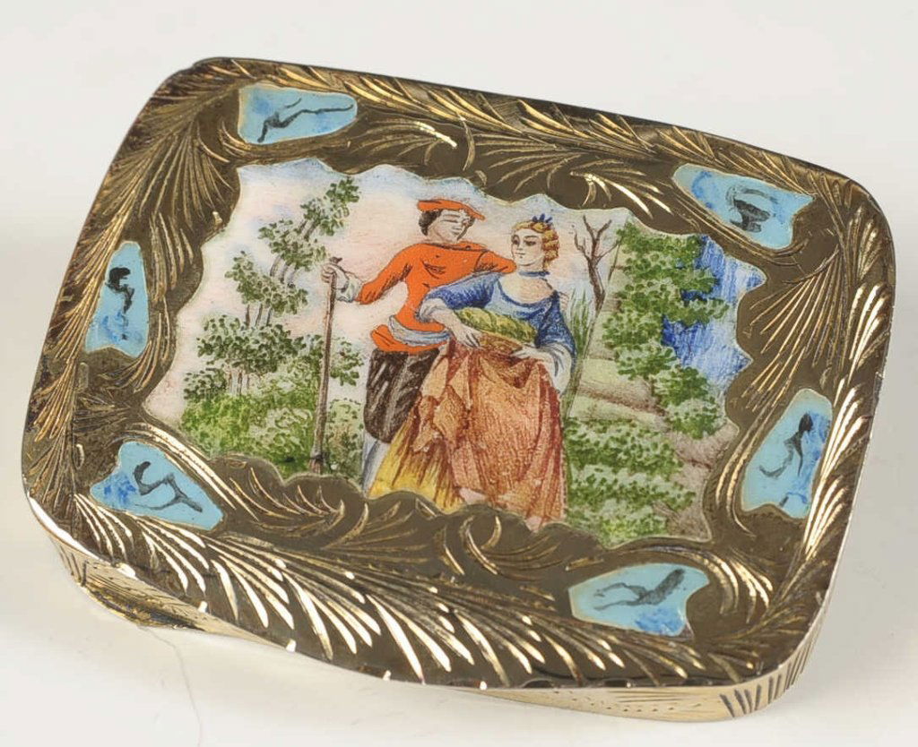 CHAMPLEVE ENAMEL COMPACT WITH COURTING SCENE: All over chased decoration, framed beveled mirror in the lid, mesh sifter an puff, unmarked, measures 2 x 2.75 inches.
