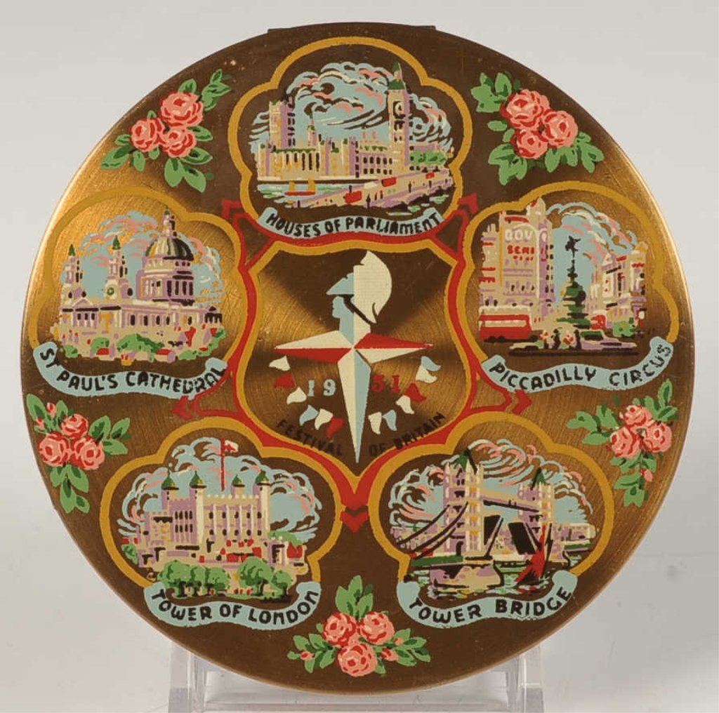 1951 'FESTIVAL OF BRITAIN' SOUVENIR COMPACT: Goldtone souvenir compact with enameled scenes of London on the top, framed mirror in the lid, puff and sifter in the base, unmarked, measures 3.5 inches.