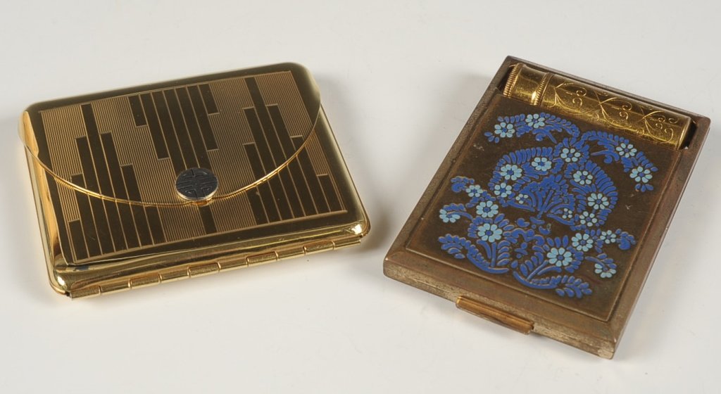 ENAMELED COMPACT W LIPSTICK, GOLDTONE COMPACT: Richard Hudnut enameled compact with a peek though lipstick, mirrored lid, rouge well, hinged powder well and lipstick in the base, marked on the bottom, measures 3.5 x 2.25 inches, some wear and oxid