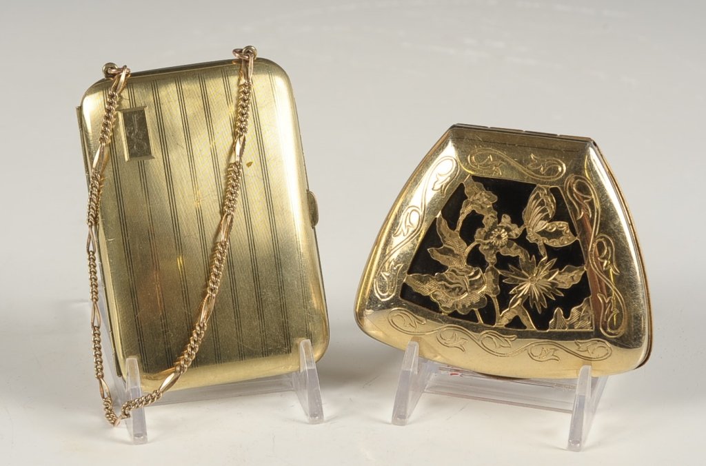 F&B MINIAUDIERE AND FRENCH COMPACT: Goldtone, measure 2.5 x 3 and 3.5 x 2.25 inches.