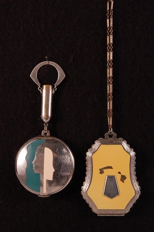 HUDNUT DEAUVILLE ENAMEL COMPACT & A DUO COMPACT: Richard Hudnut Deauville duo compact with enameled profiles on the lid, pop out mirror when opened, powder and rouge wells with pans and puffs, marked on the mirror, with a finger ring and lipstick ch