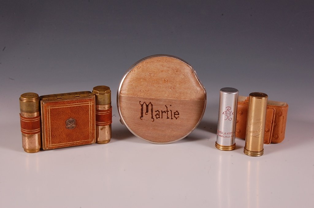 MAJESTIC COMPACT W LIPSTICK & PERFUME, WOODEN COMPACT,: Majestic leather covered compact with lipstick and perfume on each side, sifter and branded puff, marked on the bottom, measures 2 x 3.25 inches, no mirror, edge wear on the leather top. Plus a wooden