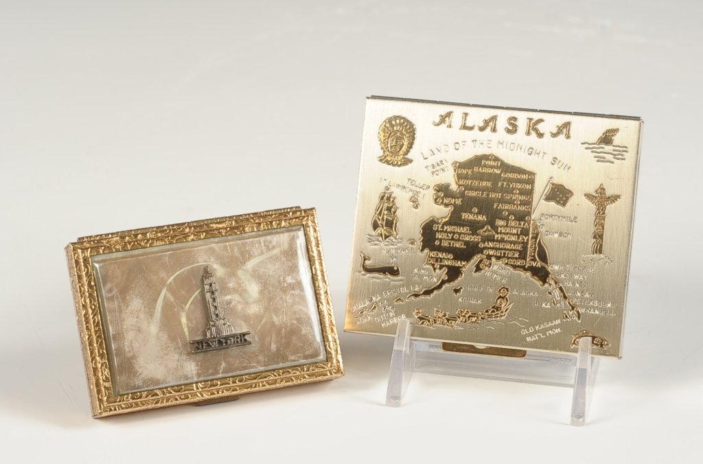 NEW YORK & ALASKA SOUVENIR COMPACTS: Measure 1.75 x 2.75 and 2.5 x 2.75 inches.