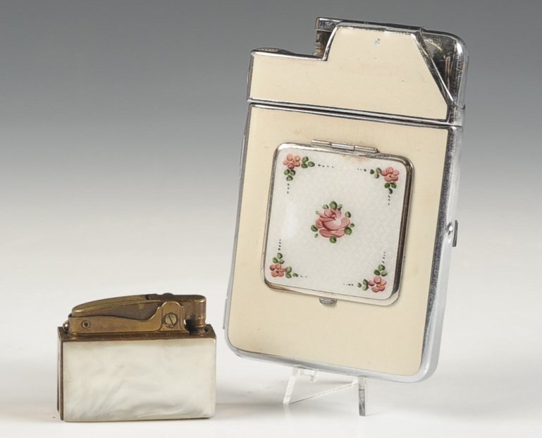 MARATHON ENAMEL LIGHTER W COMPACT & MOTHER-OF-PEARL: Marathon enamel lighter with a guilloche lid over a duo compact, body opens to reveal a cigarette compartment with hinged clips, monogrammed 'MIM' on the inside, patent dated 1933, measures 4 x 2.75 i