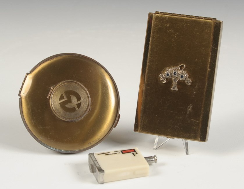 LANGLOIS VANITY CASE, DUO COMPACT & POWDER DISPENSER: Langlois vanity case with jeweled top measures 3.25 x 2 inches. Goldtone duo compact measures 3 inches. Plastic spring-loaded powder dispenser measures 1.75 x 1 inches.