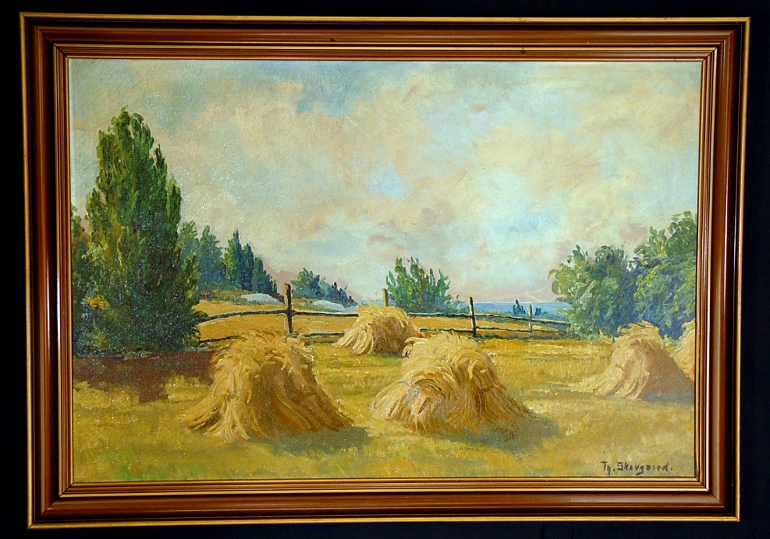 T.H. SKOVGAARD (1913-1993) OIL ON CANVAS: Titled 'Hay Stacks', signed on lower right. Canvas measures 25.5 x 37.5 inches, and including the frame, measures 30 x 42 inches overall.