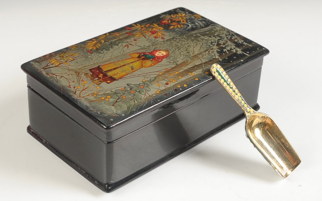 RUSSIAN GILDED SILVER SCOOP AND LACQUER BOX, FEDOSKINO: Russian gilded silver miniature scoop with champleve; stamped hallmarks including the Soviet star and '916' with an unidentified Cyrillic mark. Measures 3-5/8 inches, one incomplete yellow enamel bead