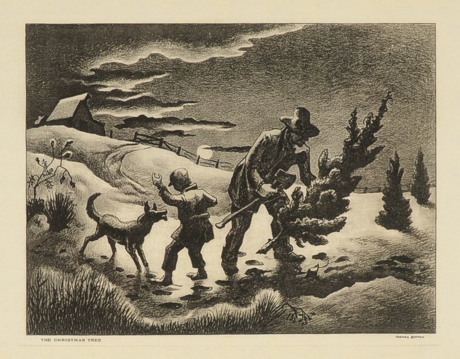 THREE THOMAS HART BENTON CHRISTMAS CARD PRINTS: Titled 'The Christmas Tree,' Things for the Tree,' and 'The New Sleds.' 4.25 x 5.75 inch image fields, 8.5 x 11 inch sheet sizes.