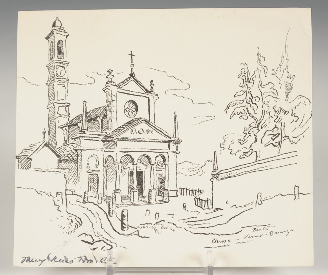 THOMAS HART BENTON SIGNED CHRISTMAS CARD: Small print of a church in Verano, Brianza, with handwritten inscription 'Merry Chris. Tom & Rita' in lower left corner, 5 x 5.5 inches overall. Lot also includes an unrelated map of the 'Western & No
