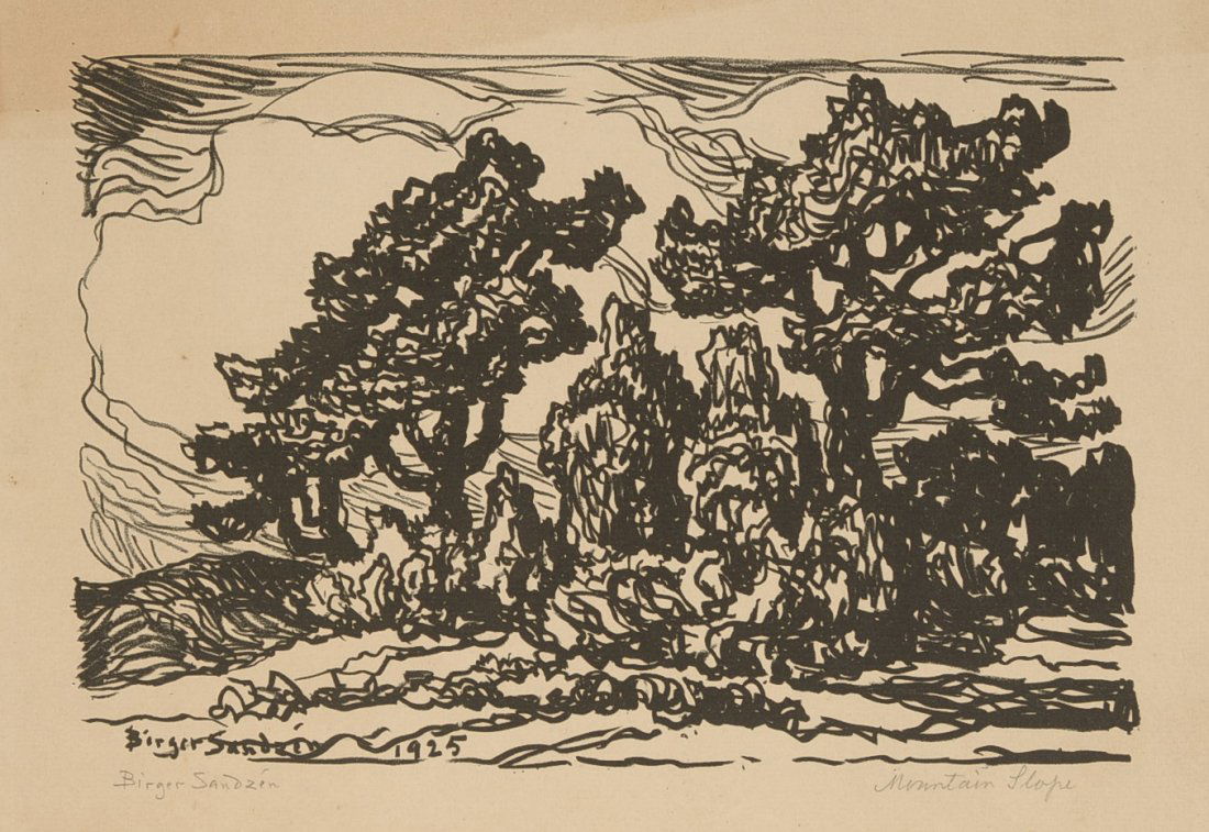 PENCIL SIGNED PRINTS, SANDZEN, DICKERSON, COURTNEY: Includes a pencil-signed Birger Sandzen 'Mountain Life,' 6 x 8.75 inch image field, 9.5 x 12 inch image field, mat burn and considerable toning. Pencil signed William Dickerson '69 'Cottonwood Grove,'