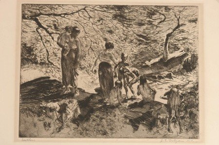 JOHN COSTIGAN PENCIL SIGNED ETCHING: John Edward Costigan (1888-1972). Titled 'Bathers' lower left, signed lower right. 9 x 11.75 inch image field, 11.75 x 14.75 inch sheet. Dark toned AAA label enclosed on reverse of mat.