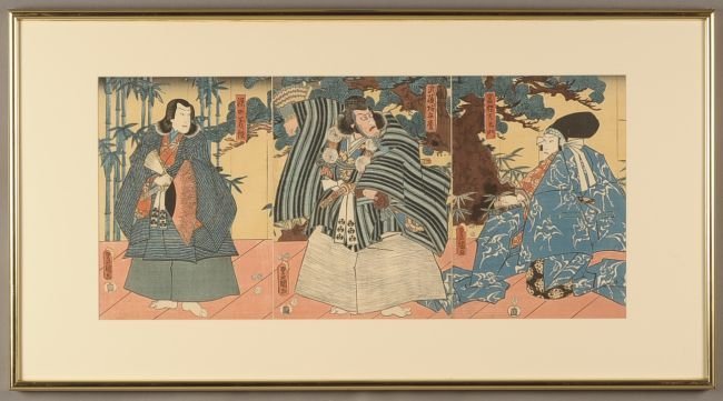 TWO JAPANESE WOODBLOCK PRINTS INCL TRIPTYCH: KUNISADA: Includes UTAGAWA KUNISADA (1786 - 1865) JAPANESE WOODBLOCK PRINT with scenes from Kabuki plays for the year 1852, approximately 14.25 x 29.75 inches overall actual total sheet sizes archivally hinged