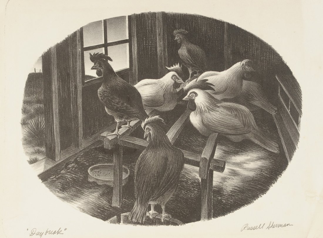 THREE PENCIL SIGNED PRINTS, SCHNEIBER, GORDON, SHERMAN: Includes a Gordon Grant pencil signed lithograph, 9 x 11.25 inch image field, 11.5 x 16 inch sheet size, mat burn, some toning, tear to right edge. 'Daybreak' by Russell Sherman, titled lower left, si