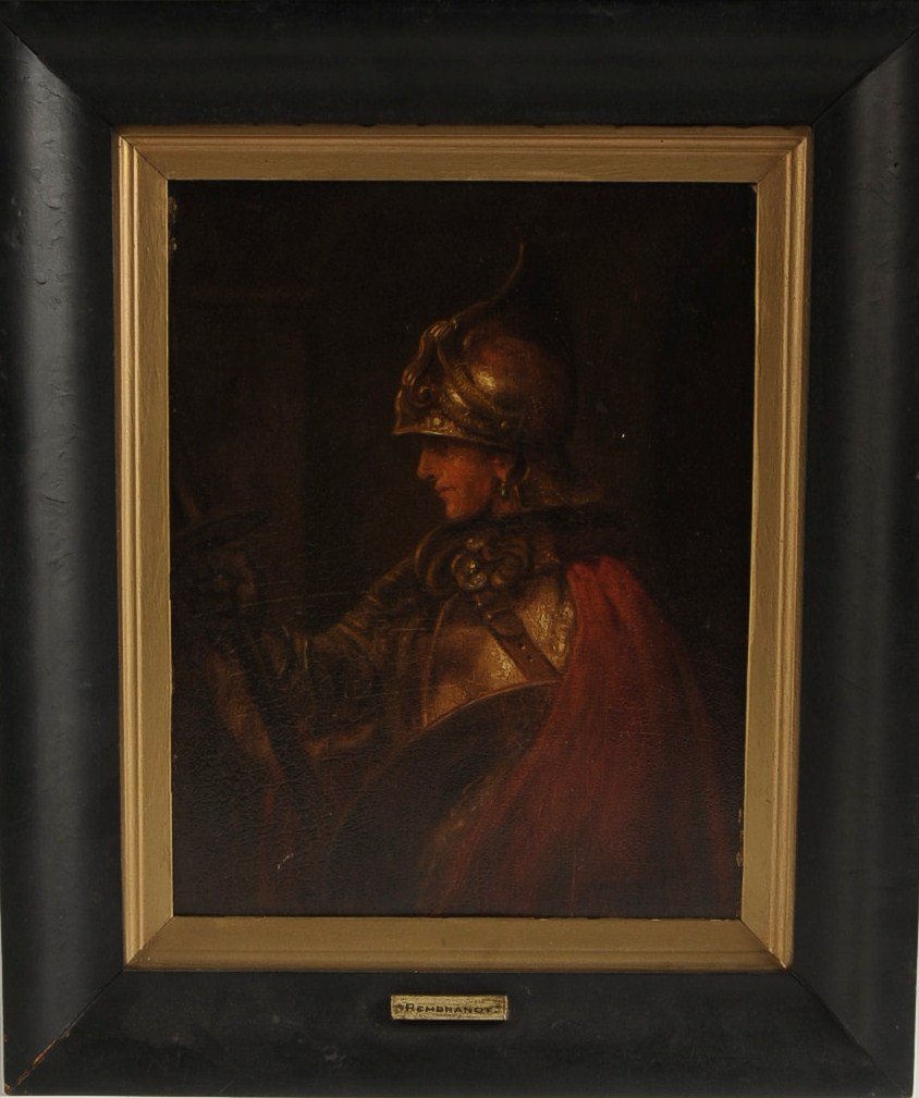 TWO CONTINENTAL SCHOOL PAINTINGS: One titled 'A Man in Armour,' oil on panel after Rembrandt, 11.75 x 9 inches, 17 x 14.25 inches overall, age, toning and craqueler. Other Ettore Gianni (20th century), signed lower right, appears to b
