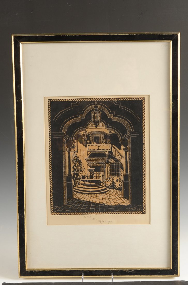JOSE LUIS WOODBLOCK PRINTS 'IDILIO' AND 'CASA DEL: Two woodblock prints, 'Idilio' signed lower right, 11 x 8.5 inches, 20.25 x 12.5 inches overall; plus 'Casa del Alpenique,' 11 x 9 inches, 21 x 14 inches overall.