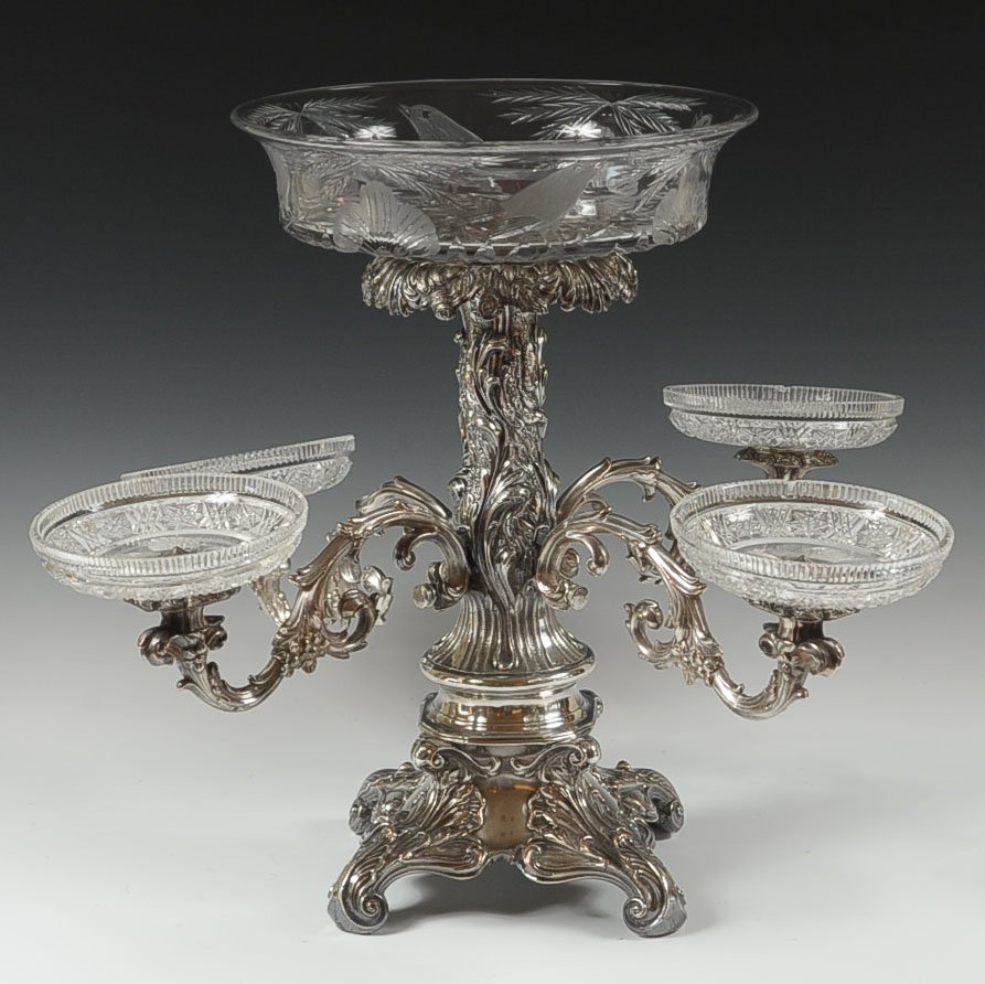 ELABORATE OLD SHEFFIELD PLATE EPERGNE FINE ENGRAVED: A beautiful, heavy, four-arm epergne circa 1800 with four ornate scroll feet supporting a naturalistic center stem set with what appears to be the original etched and engraved glass bowl with figural 