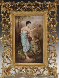 HAND PAINTED KPM PORCELAIN PLAQUE IN VENETIAN FRAME: A very fine 19th century painted porcelain plaque with impressed sceptre mark and KPM. No artist's signature was found. The actual porcelain plaque size is 12 x 7.5 inches, overall outside frame