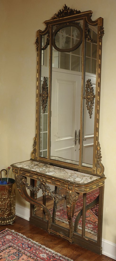 MONUMENTAL 19TH C. FRENCH OR ITALIAN MIRROR W/ CONSOLE: An impressive carved and gessoed wood pier mirror with a reverse etched scene, floral, rope twist and draped garland carvings, a picture frame marble top console over a lower pier mirror with an addit