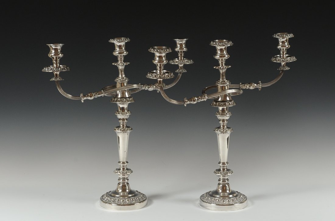 PAIR TWO ARM SILVER PLATED CANDELABRA: Late 20th century, each measures 17.5 x 18.5 inches