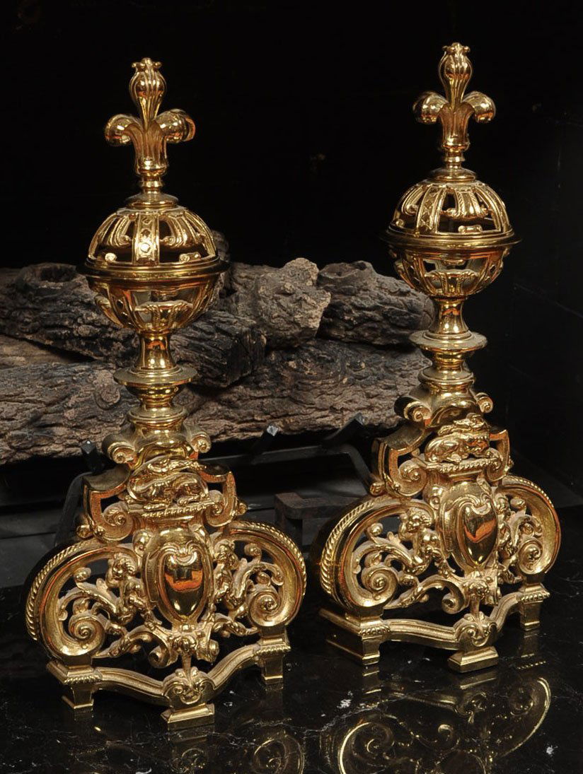 PAIR ORNATE CAST BRASS ANDIRONS: Each measures 23 x 10 inches, late 20th century.