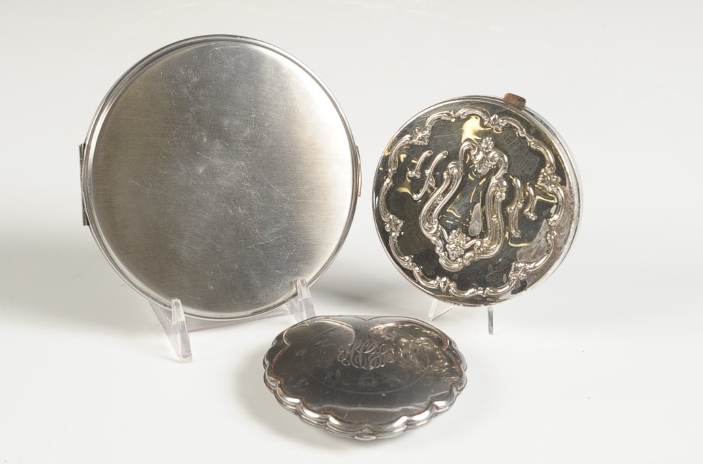 GORHAM SILVER-PLATED, ELGIN AMERICAN & ANOTHER COMPACT: Three pieces ranging in size from 2.75 x 3 inches up to 4 inches.
