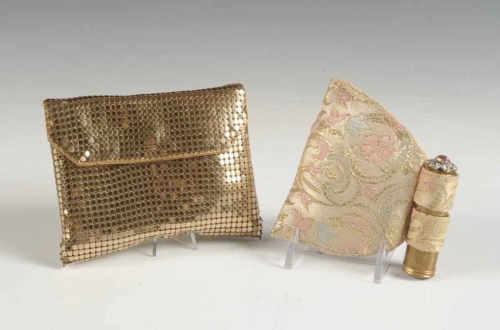 WHITING & DAVIS MESH BAG W GUILLOCHE LIPSTICK &: Whiting and Davis gold armor mesh bag with a La Mode guilloche lipstick inside, marked with a sewn in tag, measures 3 x 4 inches, no compact present, bag is good. Dermetics brocade bag with a goldtone
