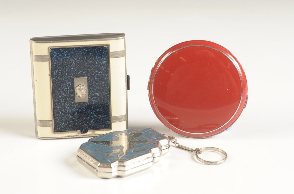 ENAMELED EVANS, PEGASUS & 1932 MINIAUDIERE: Three pieces ranging in size from 2.75 x 1.75, up to 3 x 2.75 inches.