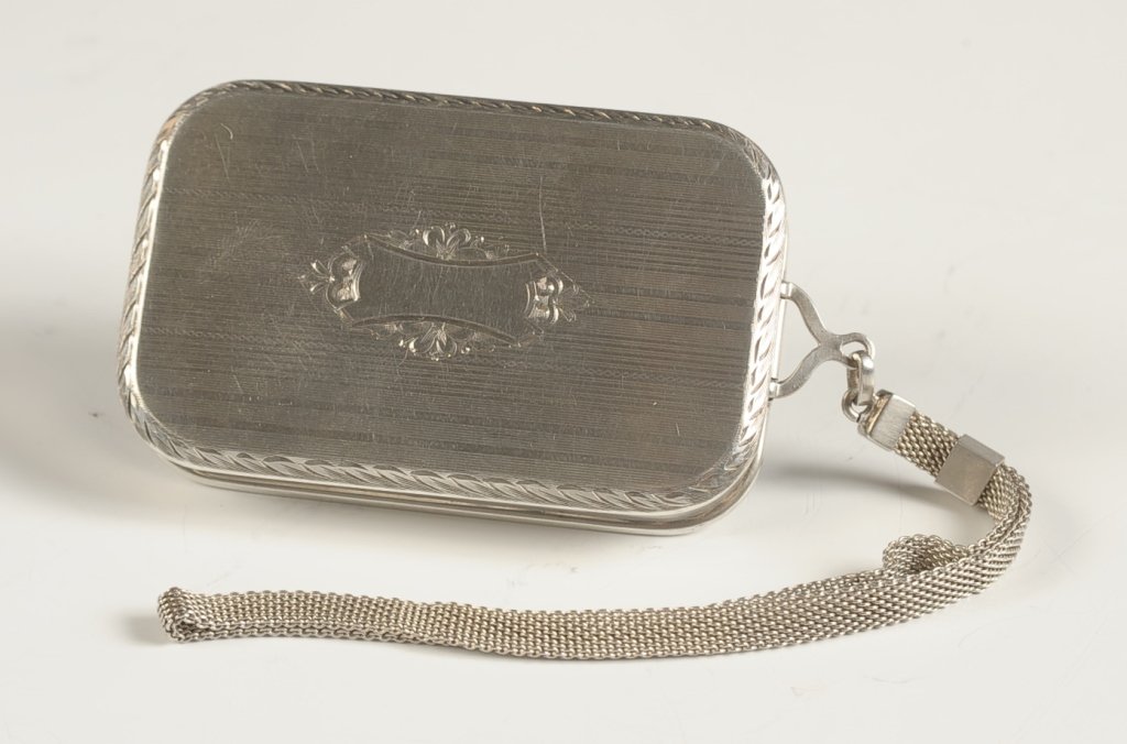 W&H CO. STERLING DUO COMPACT: Mesh chain handle, framed mirror in the lid, including the handle measures 7.75 x 1.75 inches, weighs 2.2 ozt. without the pans.