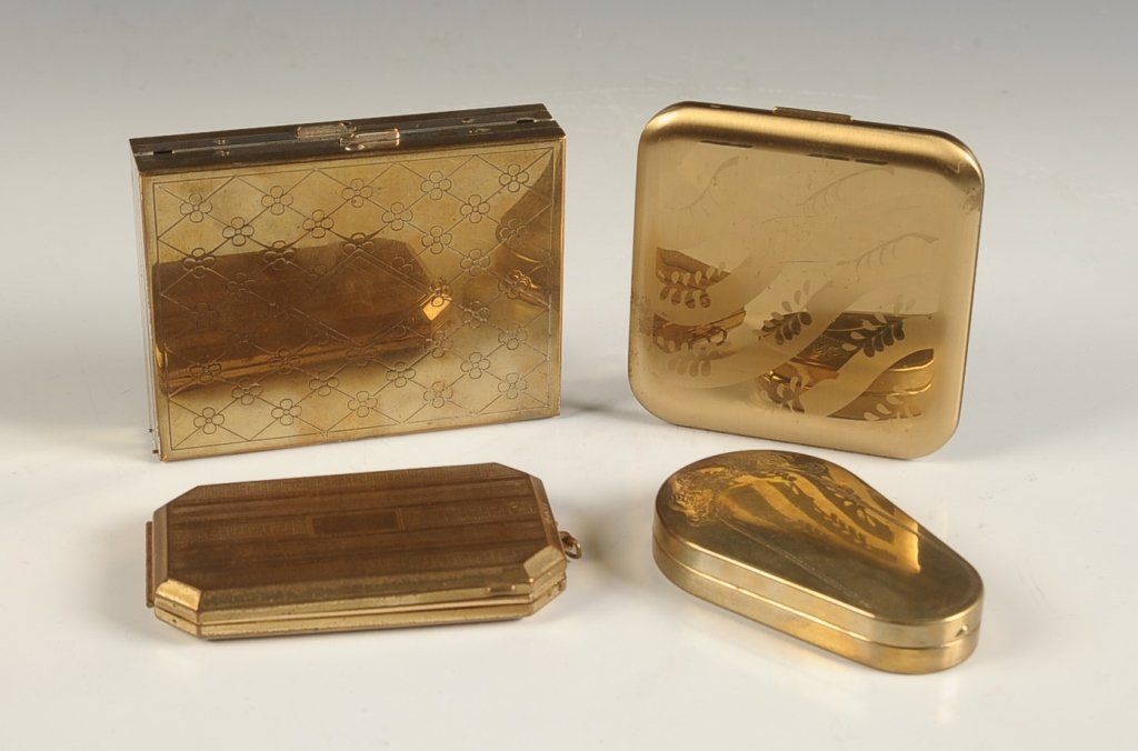 MELBA, PLAZA, PILCHER COMPACTS, PLUS A MINIAUDIERE: All in goldtone, measure 3.25 to 4 inches.