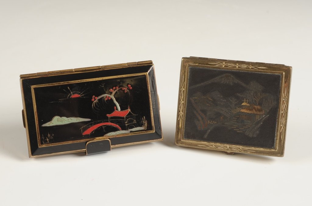 BLACK ENAMEL COMPACT & VANITY CASE W ASIAN DESIGNS: Measure 2.25 x 2.75 inches and 2.25 x 3.5 inches each.