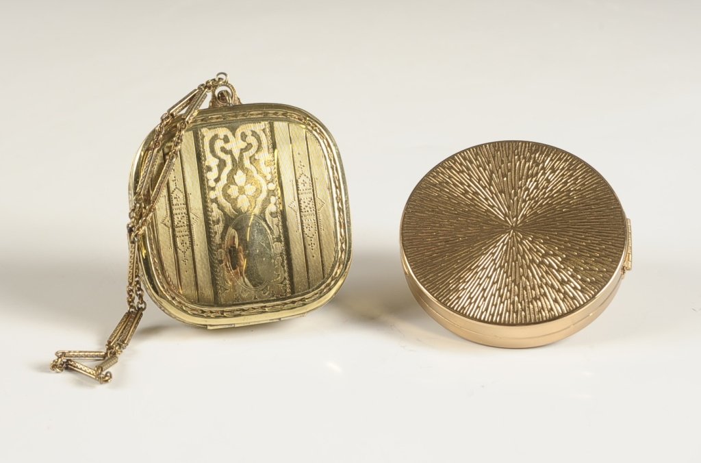 VINTAGE VANITY CASE & A PONDS ANGEL FACE COMPACT: Measure 2.5 and 2.75 inches.