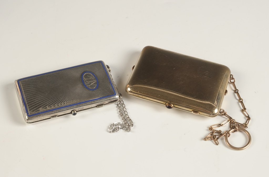 F&B MINIAUDIERE, PLUS ANOTHER: Both are monogrammed and are missing their mirrors, measure 3.25 x 2 and 3.5 x 2.5 inches.